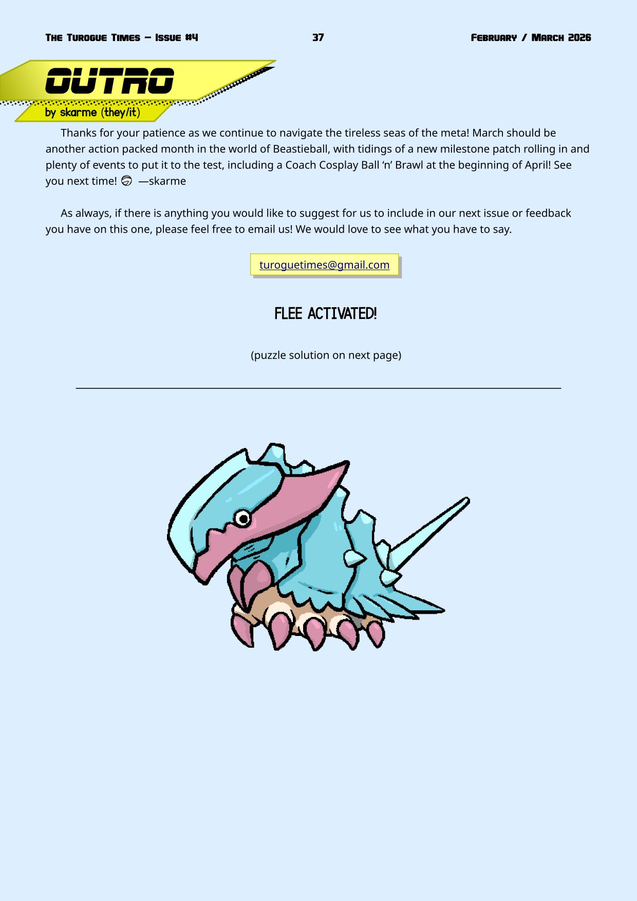 Page 37. Outro, and a big sprite of a raremorph Xiphosaur in W.W.'s honor